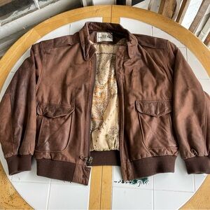 Vintage Leather Bomber Jacket Aviator Top Gun Style Brown Sea Dream Medium 80s